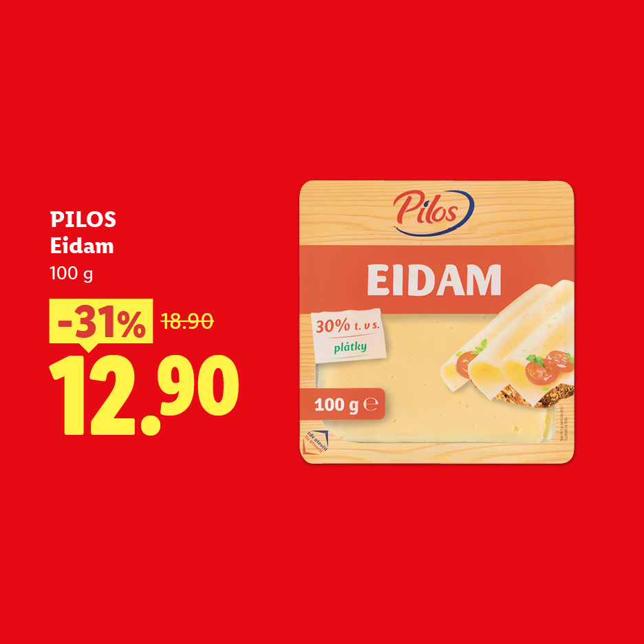 Balení plátkového sýra Eidam, 100g, se slevou 31%, nyní za 12.90.