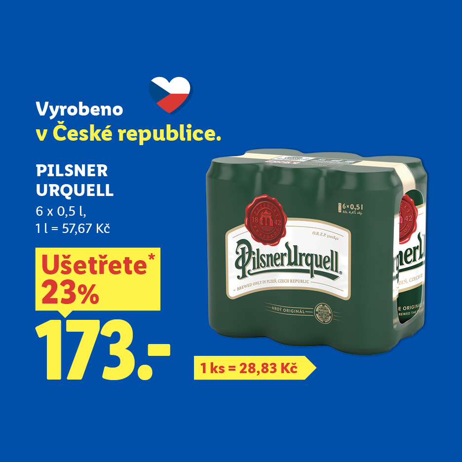 Šest balení piva v plechovkách s nápisem „Vyrobeno v České republice“, cena 173 Kč, sleva 23 %.