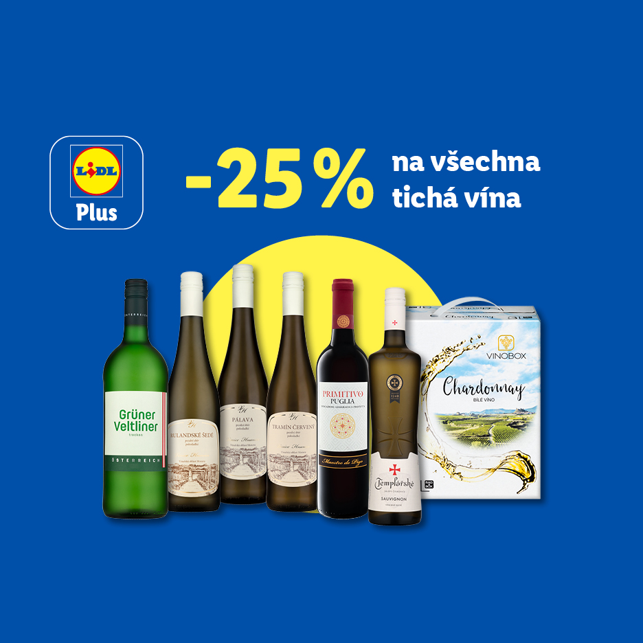 Sleva 25 % na tichá vína, včetně bílých, červených a bag-in-box Chardonnay.