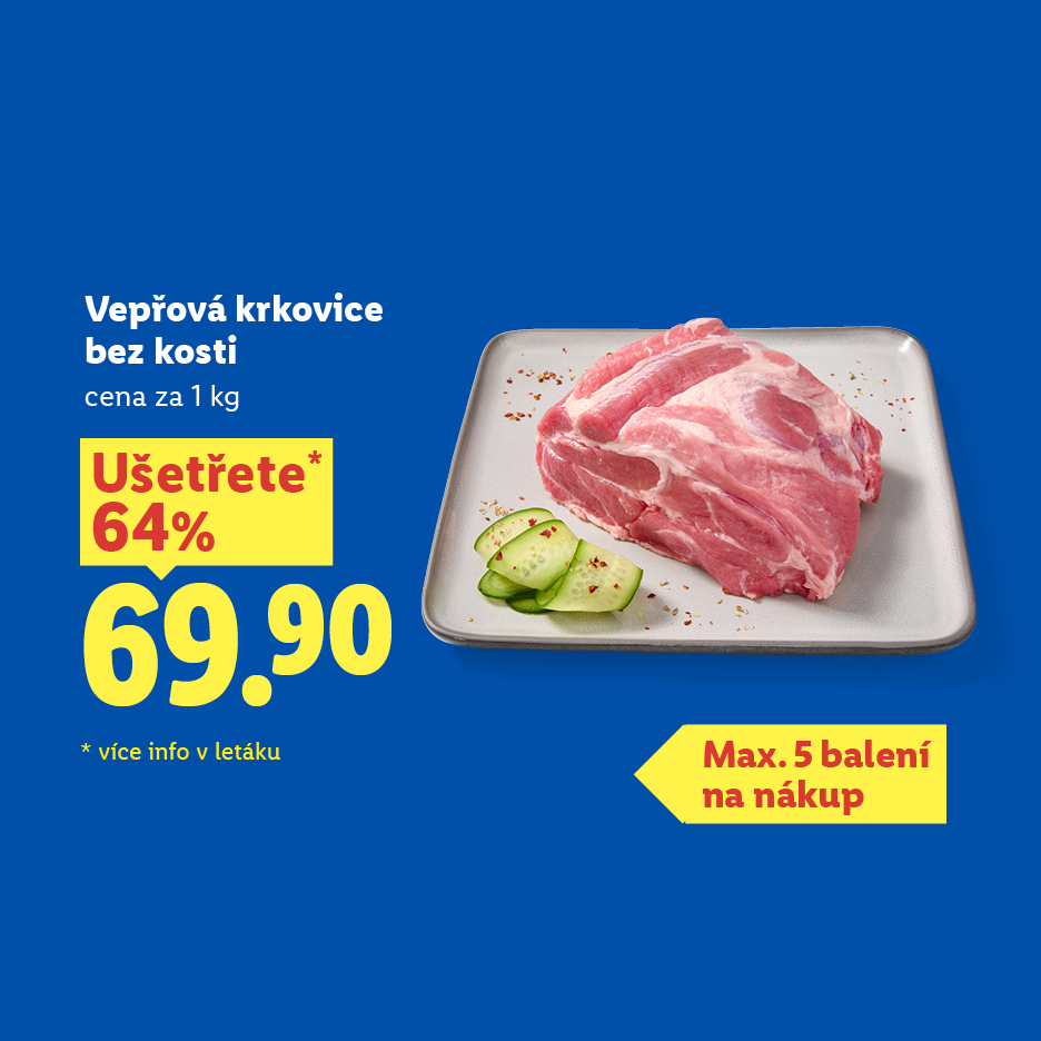 Vepřová krkovice bez kosti za 69.90 Kč/kg, ušetříte 64%, max. 5 balení na nákup.