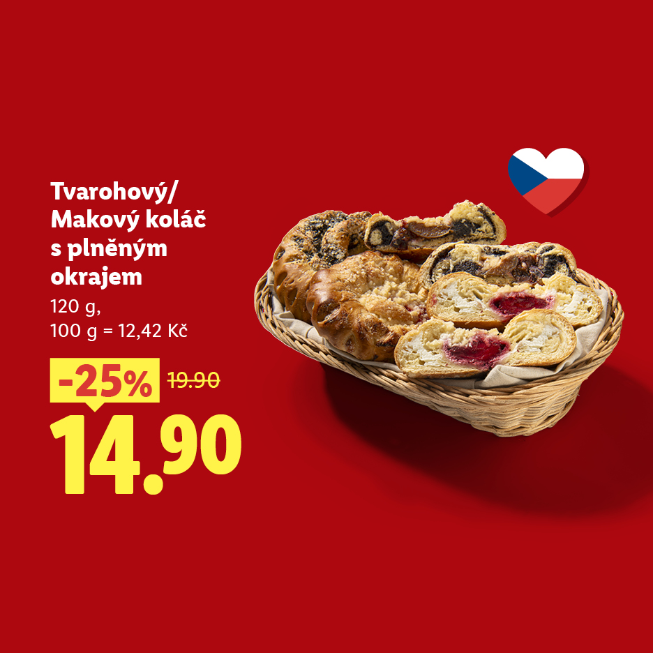 Tvarohový/Makový koláč s plněným okrajem, 120 g, 100 g = 12,42 Kč, -25% 19.90, nyní 14.90 Kč.