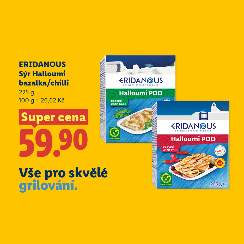 Halloumi sýr s bazalkou a chilli, 225 g, za akční cenu 59,90 Kč, ideální na grilování.
