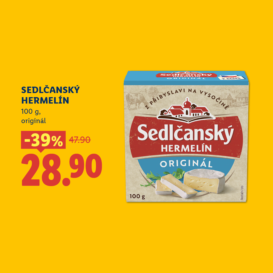 Sýr Hermelín v balení 100 g, s cenou 28.90 Kč po 39% slevě z původních 47.90 Kč.