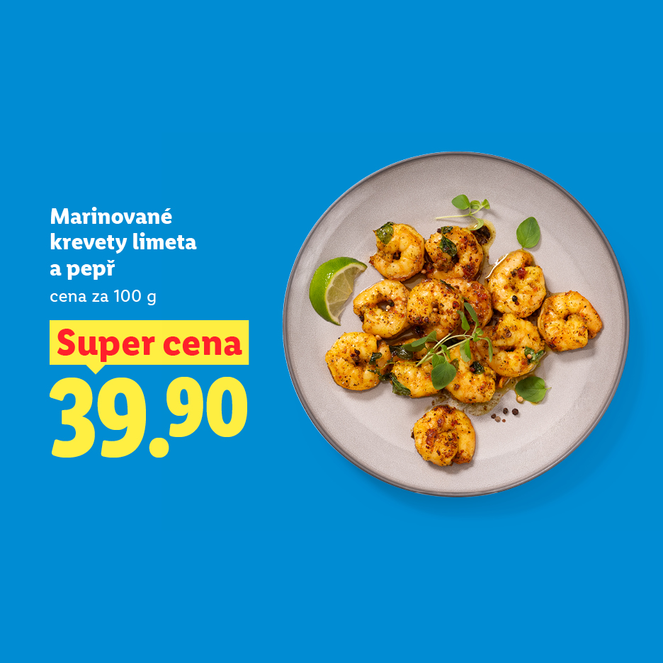 Marinované krevety s limetkou a pepřem na talíři, cena 39.90 za 100g.