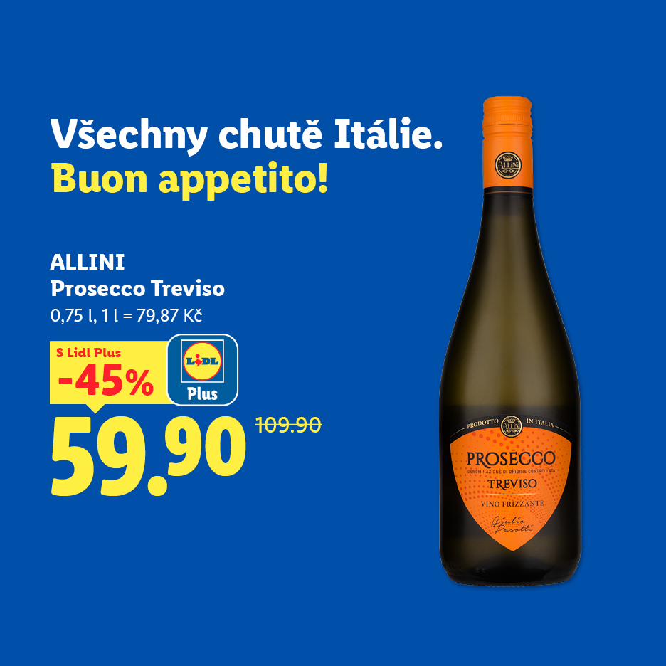 Reklama na Prosecco Treviso s 45% slevou pro členy Lidl Plus.