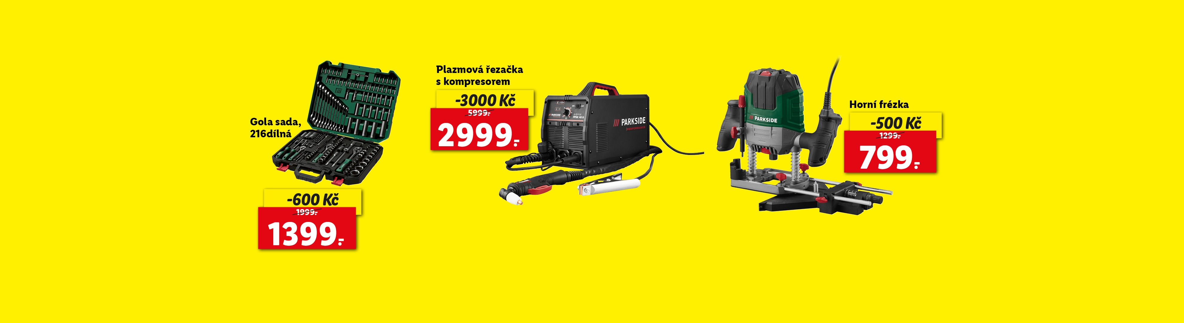 lidl-shop magazín červenec: plazmová řezačka, frézka a Gola sada Parkside.