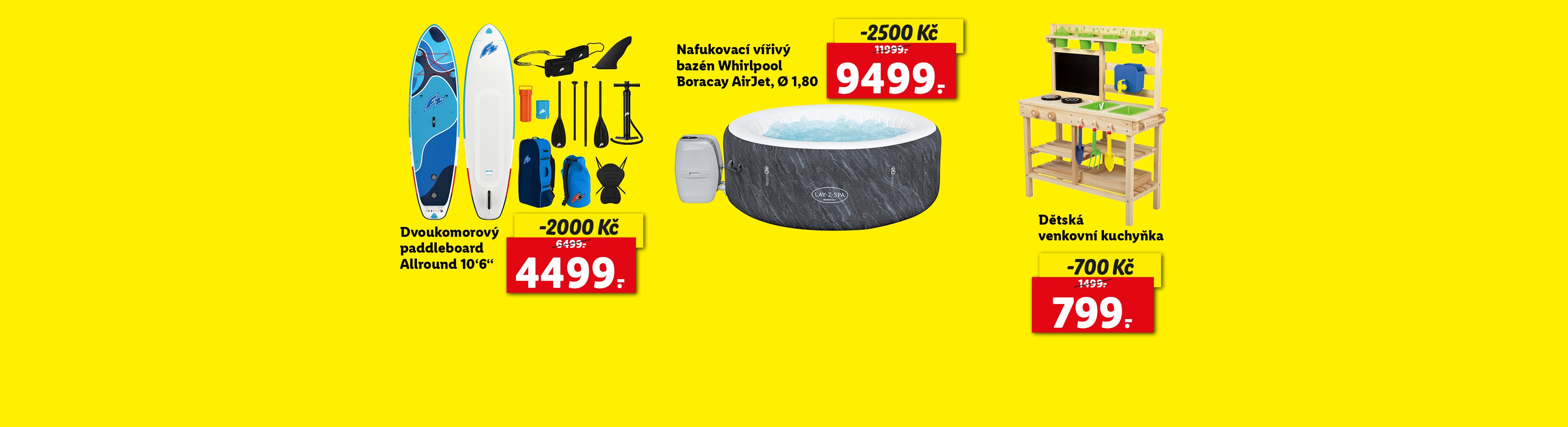 Reklama na paddleboard a dětskou venkovní kuchyňku se slevami.