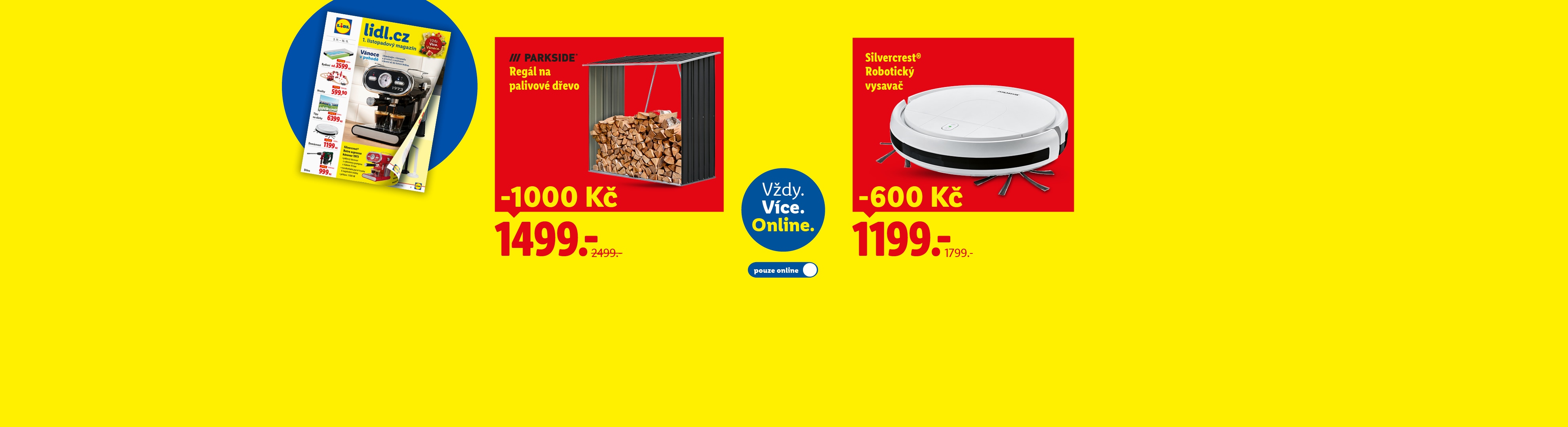 Lidl magazín s nabídkou regálu na dřevo Parkside a robotického vysavače Silvercrest.