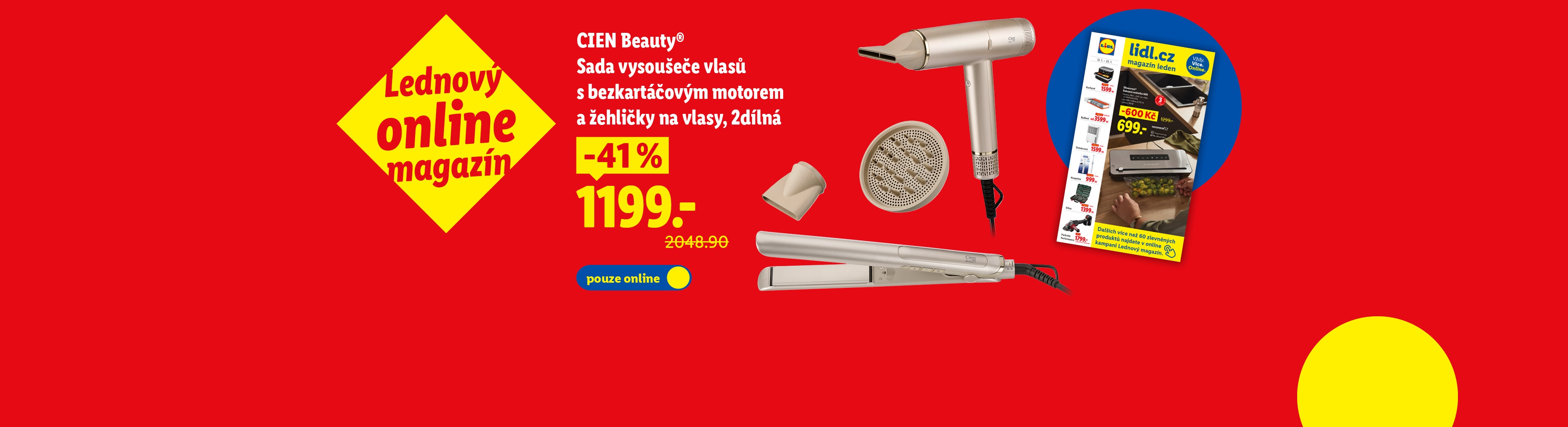 Lidl online magazín s nabídkou sady vysoušeče vlasů a žehličky Cien Beauty a dalšími slevami.