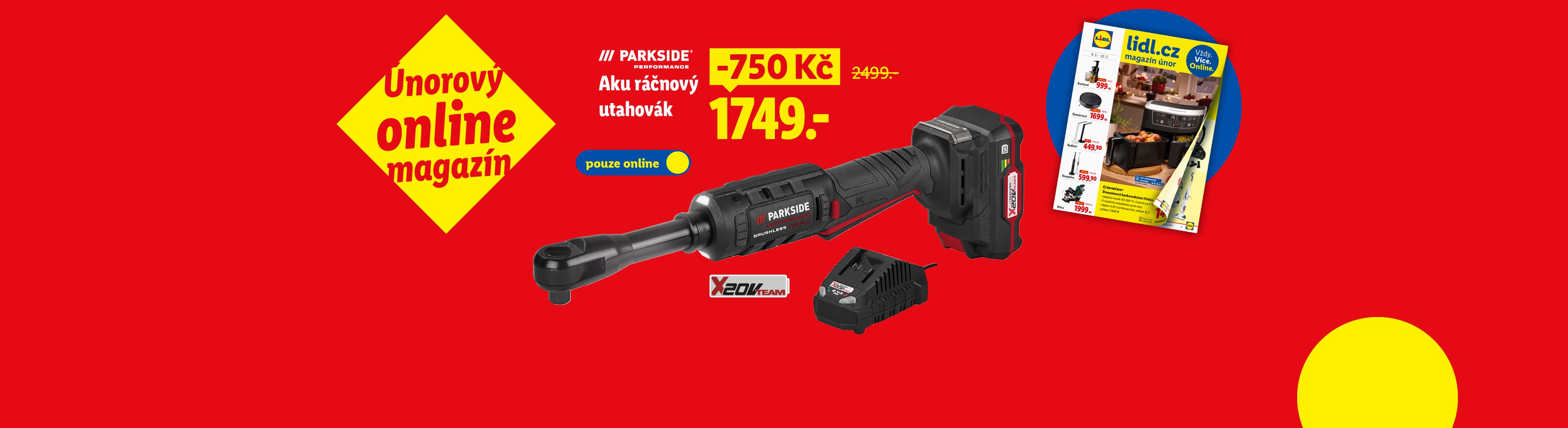 Akumulátorový ráčnový utahovák a únorový online magazín s nabídkami.