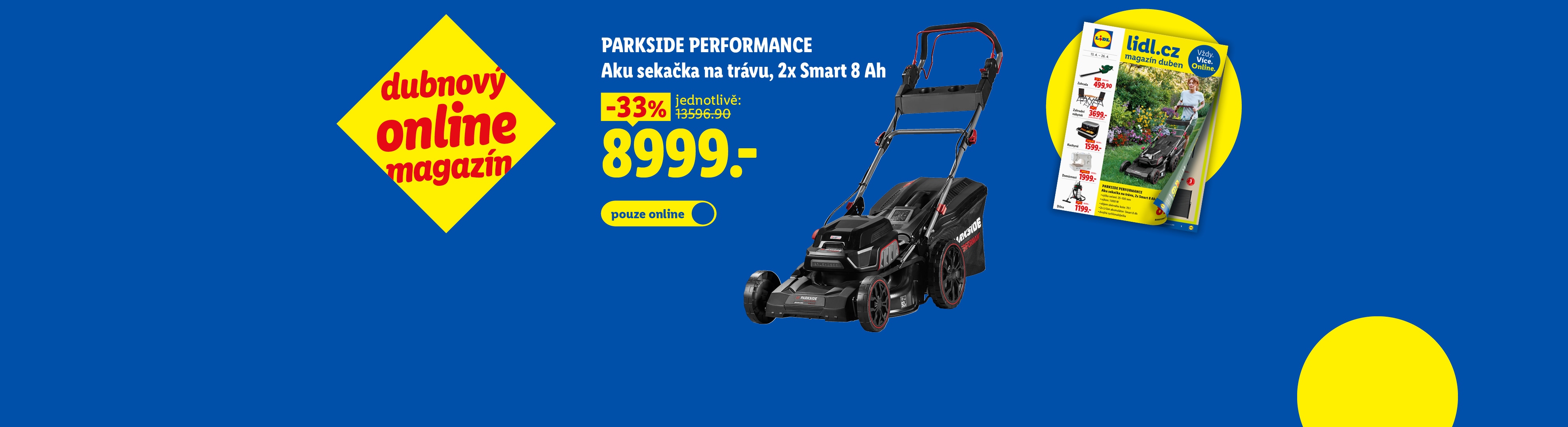 Akumulátorová sekačka na trávu se slevou 33 % a online magazín Lidl.
