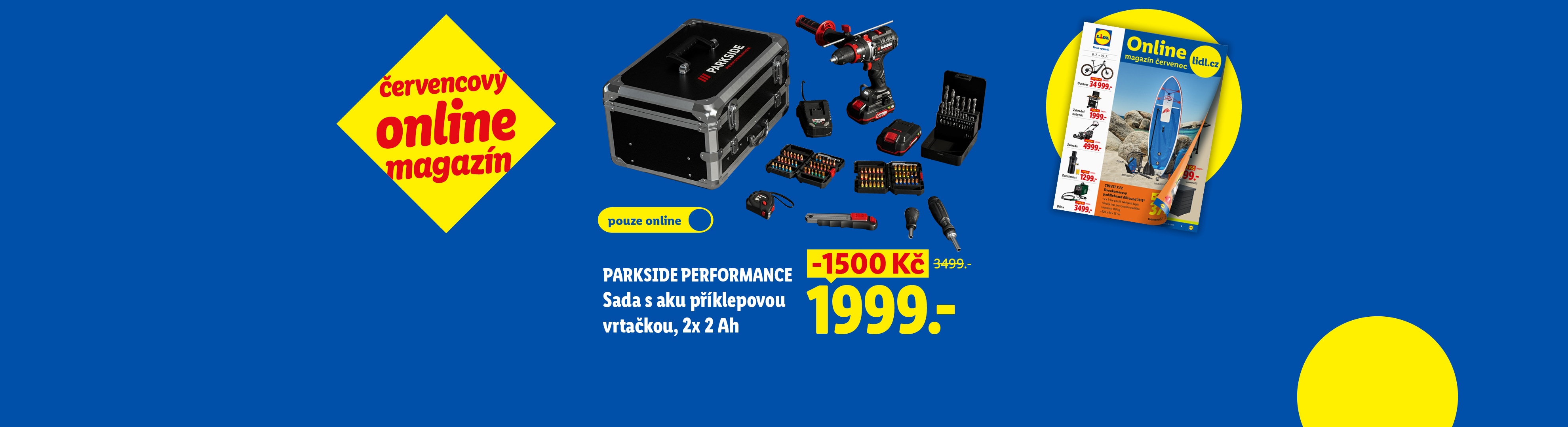 Online magazín s nabídkou nářadí, včetně sady aku vrtačky, a letních sportovních potřeb.