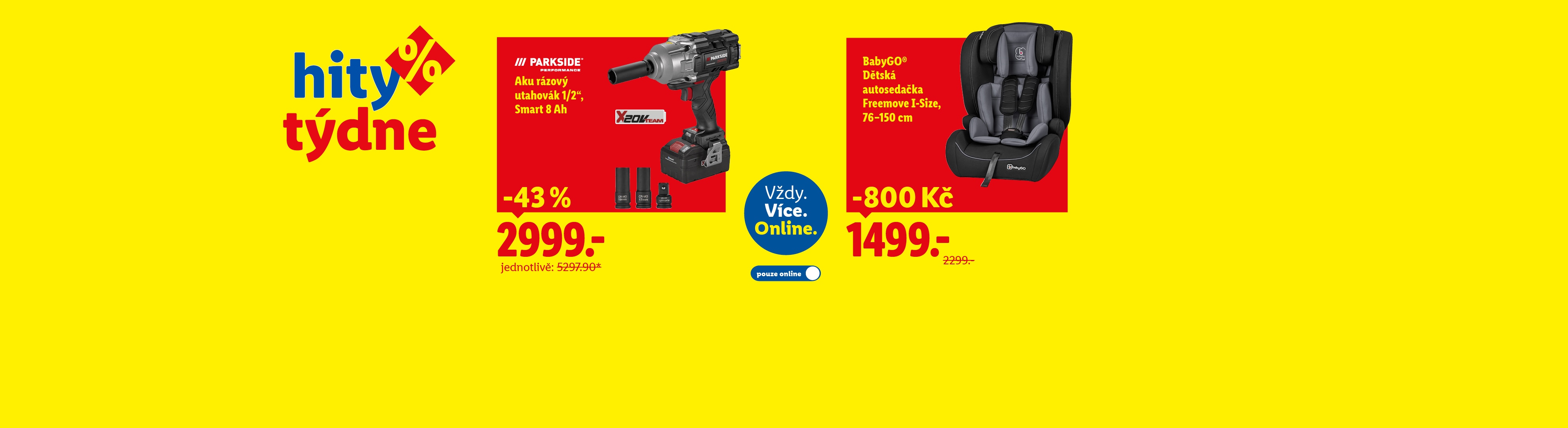 Akumulátorový rázový utahovák Parkside a dětská autosedačka BabyGO s výraznými slevami.