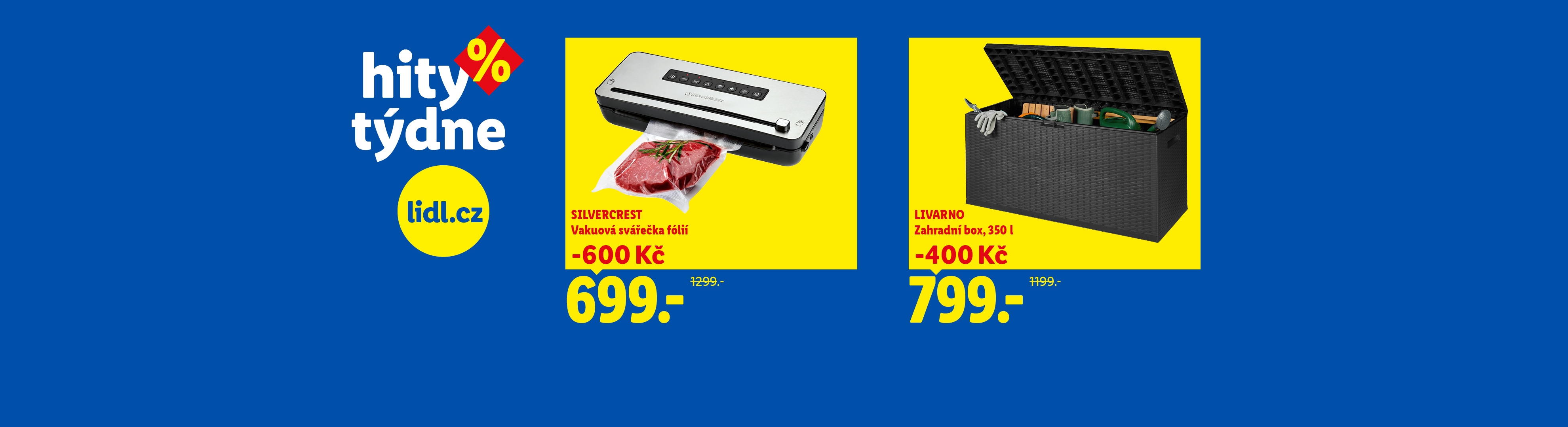 Akční nabídka Lidlu s vakuovou svářečkou fólií a zahradním boxem.