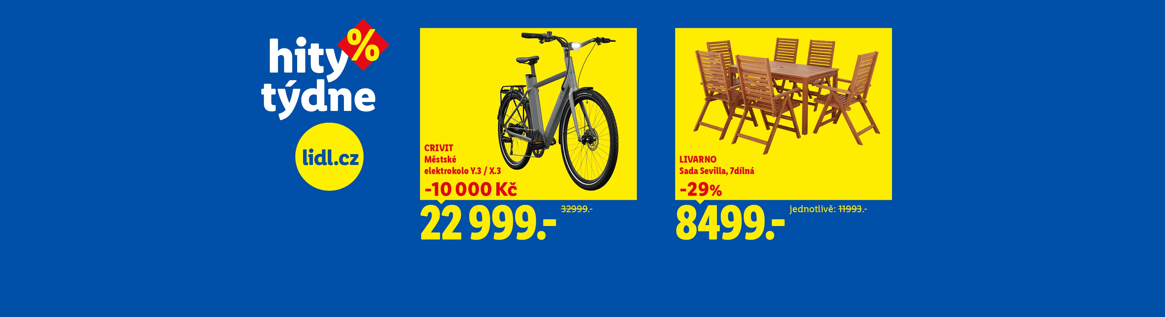 Propagační banner s nabídkami týdne, představující elektrokolo a zahradní nábytek.