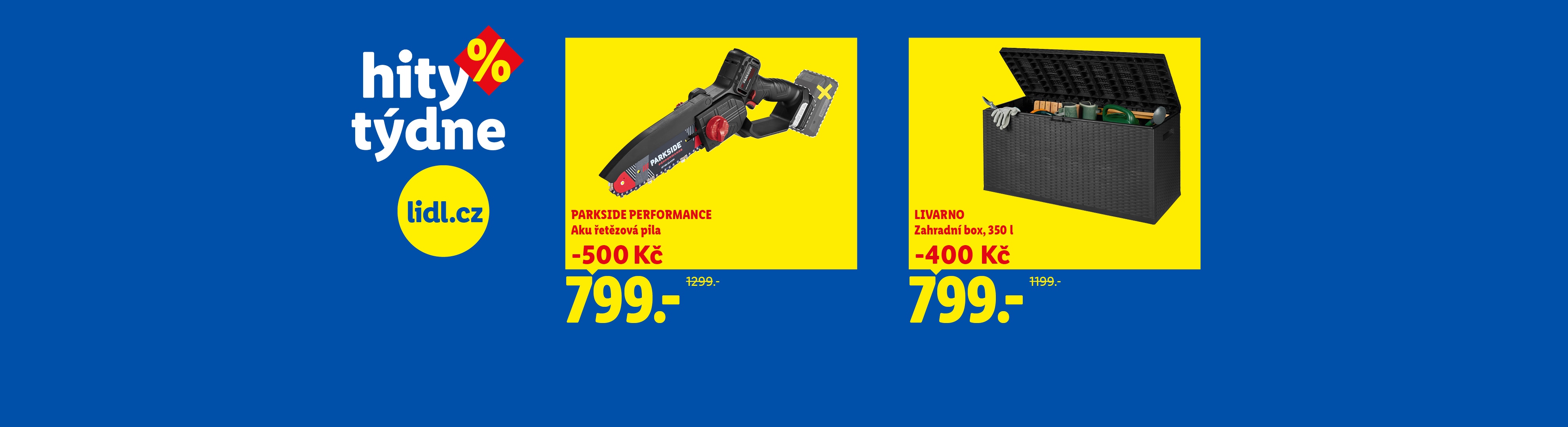Akční nabídka týdne s akumulátorovou řetězovou pilou a zahradním boxem.