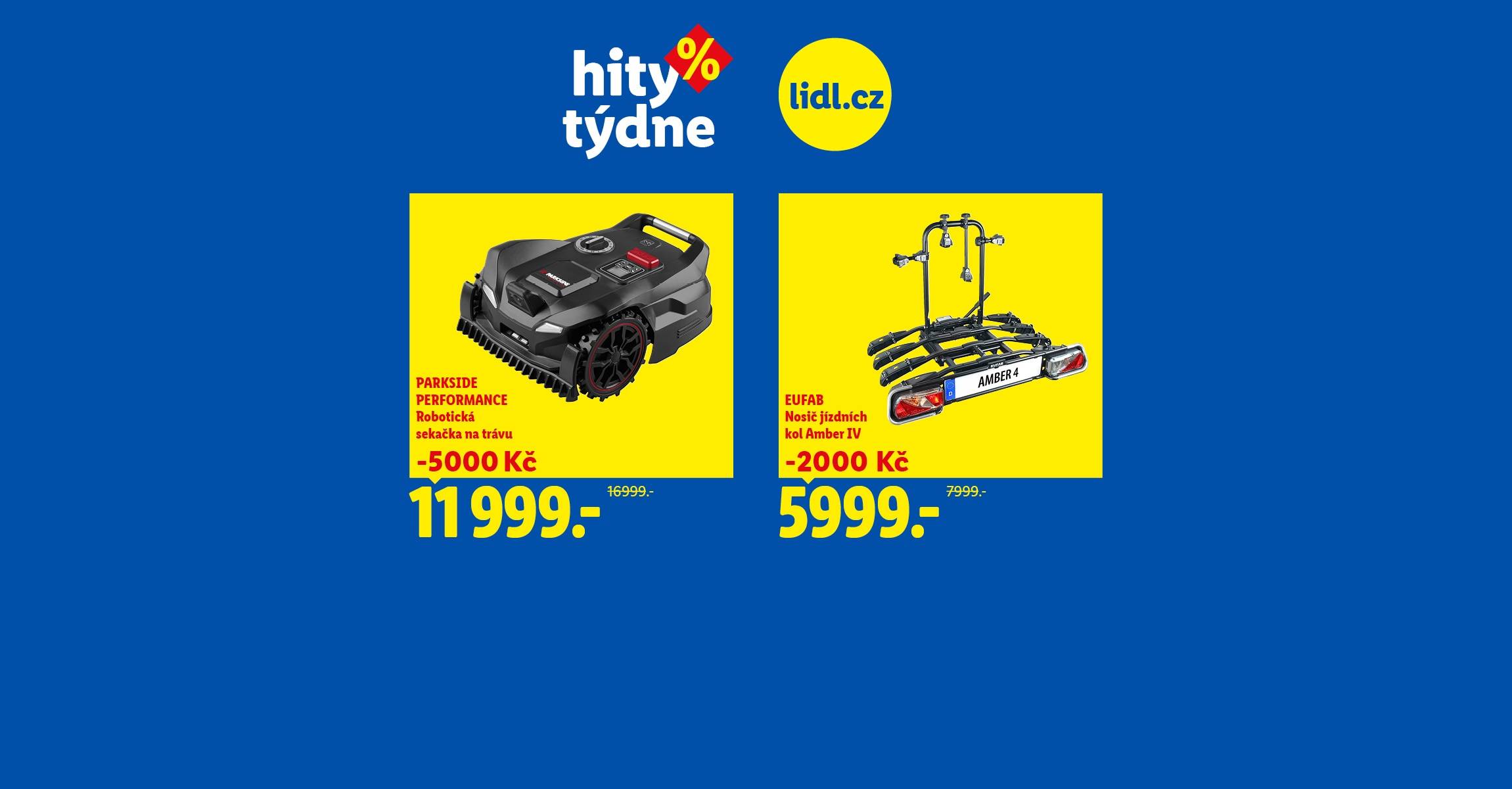 Hity týdne: Robotická sekačka za 11999 Kč a Nosič kol za 5999 Kč.