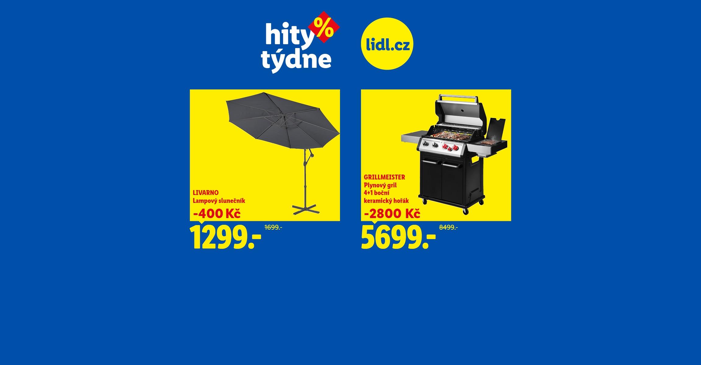Hity týdne: Lampový slunečník za 1299 Kč a Plynový gril za 5699 Kč.