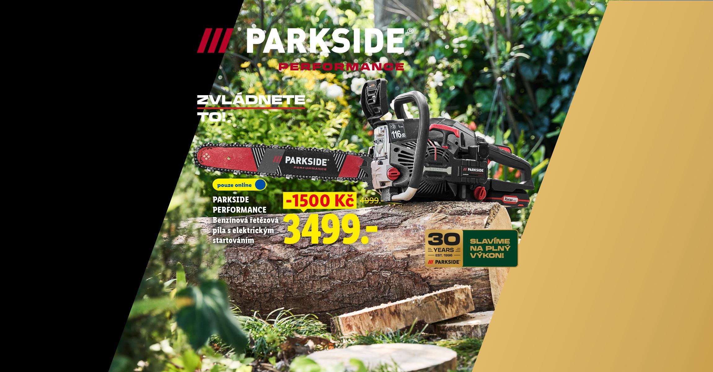 PARKSIDE PERFORMANCE Benzínová řetězová pila s elektrickým startováním se slevou 1500 Kč, nyní za 3499 Kč. Parkside slaví 30 let.