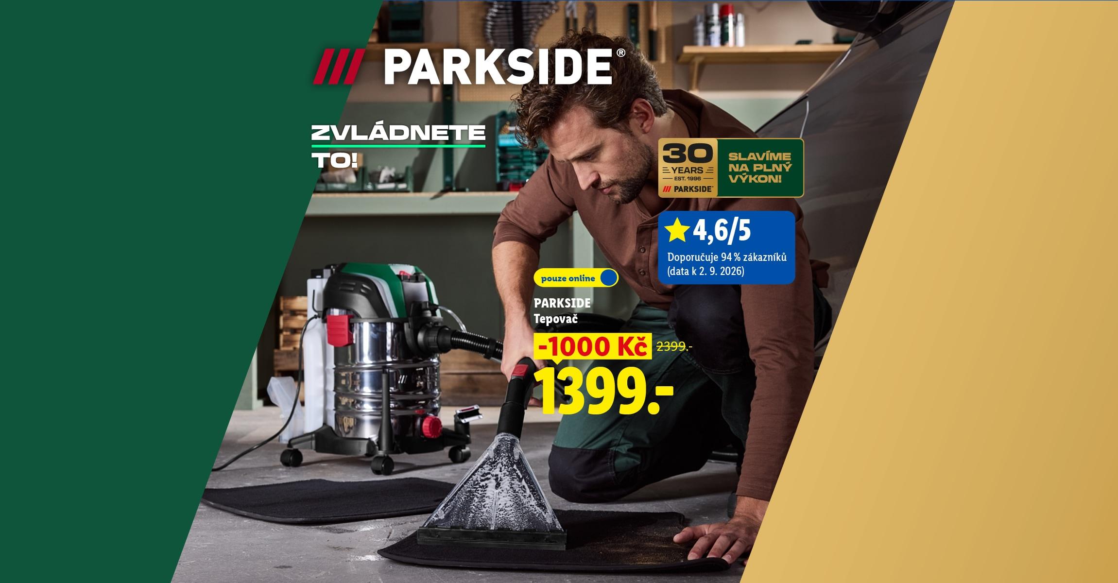 PARKSIDE Tepovač se slevou 1000 Kč, nyní za 1399 Kč. Parkside slaví 30 let.