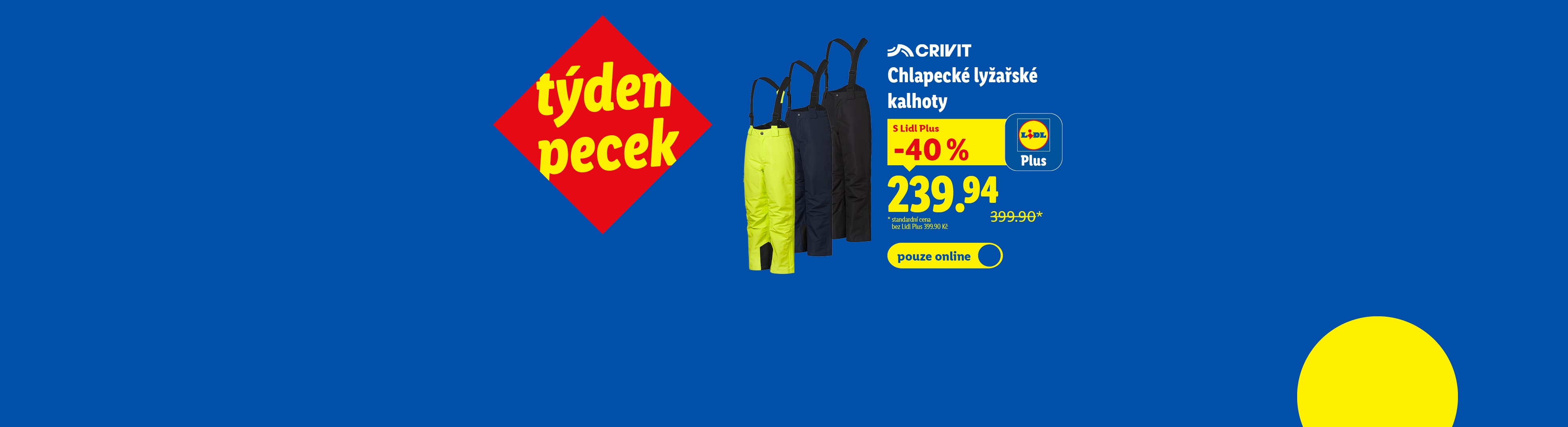 Reklama na chlapecké lyžařské kalhoty Crivit s 40% slevou pro Lidl Plus, dostupné online.