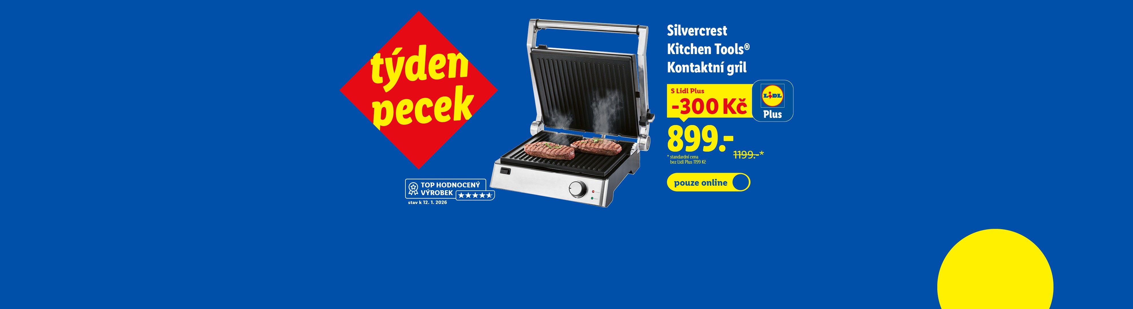 Reklama na kontaktní gril Silvercrest Kitchen Tools s cenou 899 Kč po slevě 300 Kč pro členy Lidl Plus.