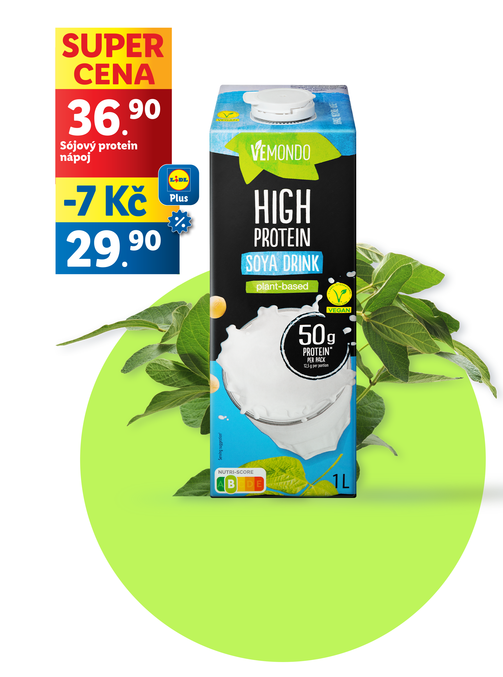 Letáková nabídka Lidlu Plus s cenou sójového nápoje Vemondo High Protein.