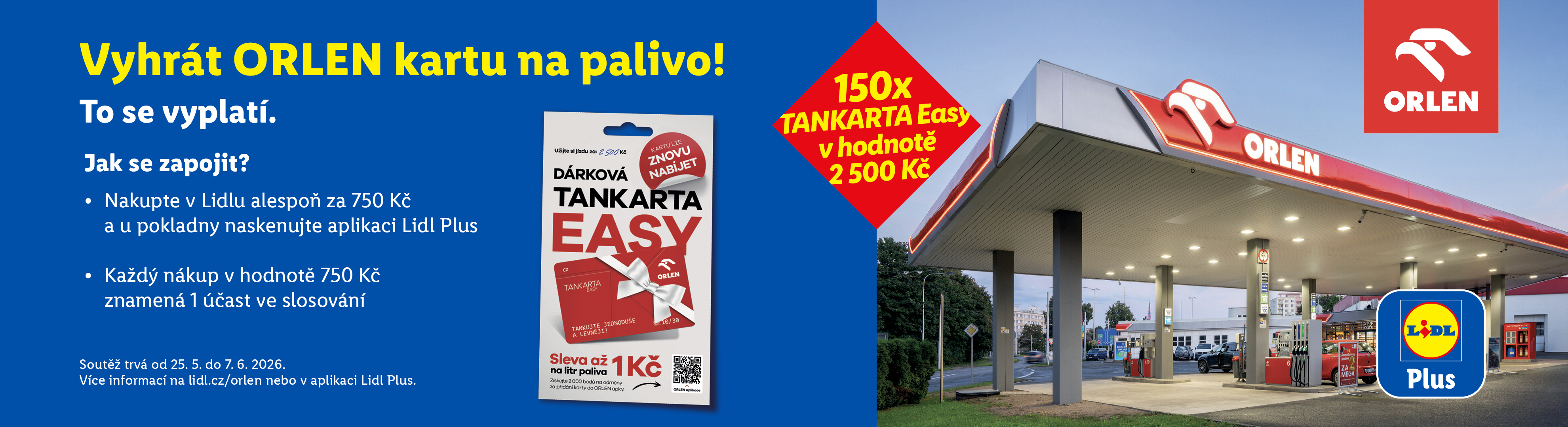 Propagační akce s dárkovými kartami na palivo a slevami, s čerpací stanicí v pozadí.