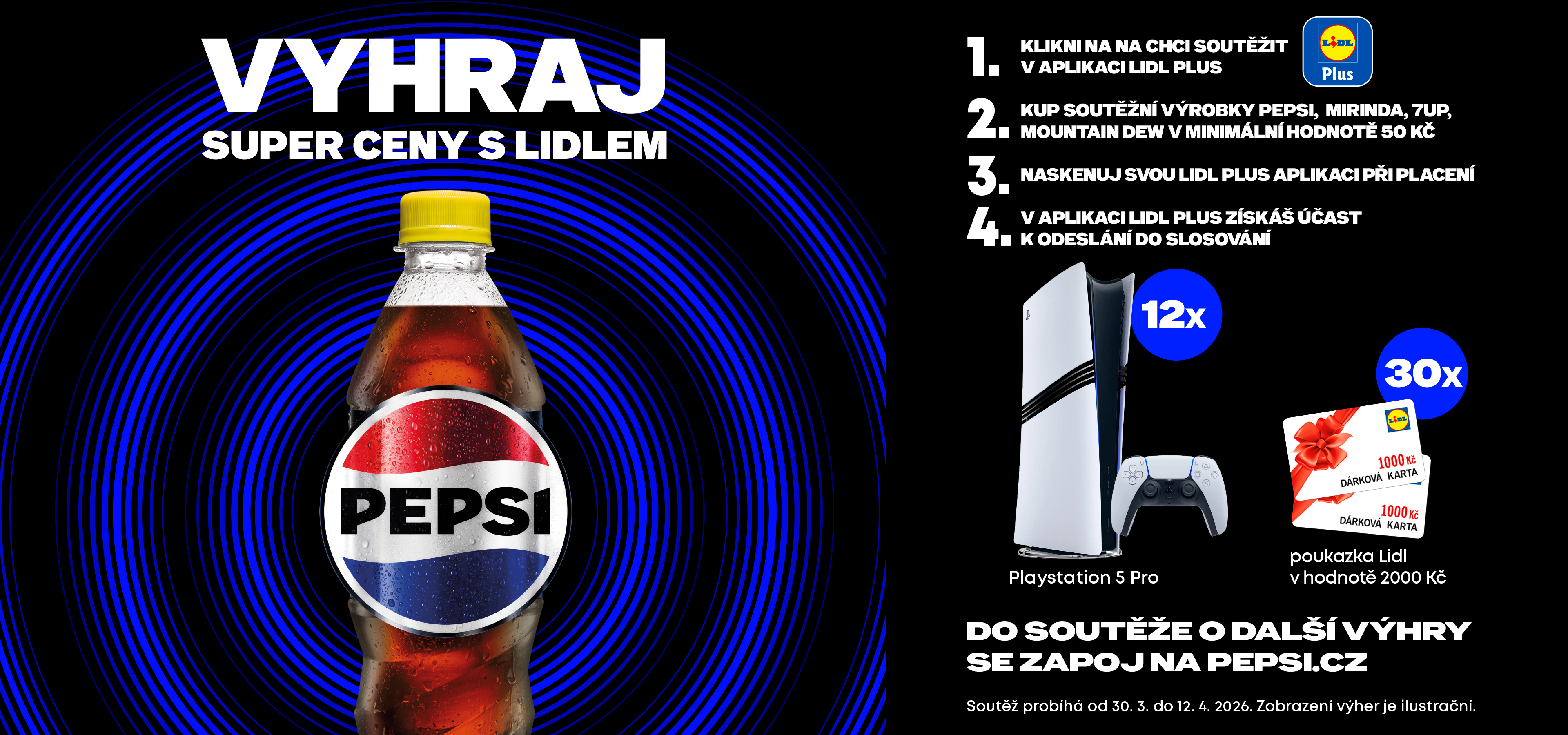 Soutěž o herní konzoli, dárkové poukazy a nápoje s modrými kruhy na černém pozadí.