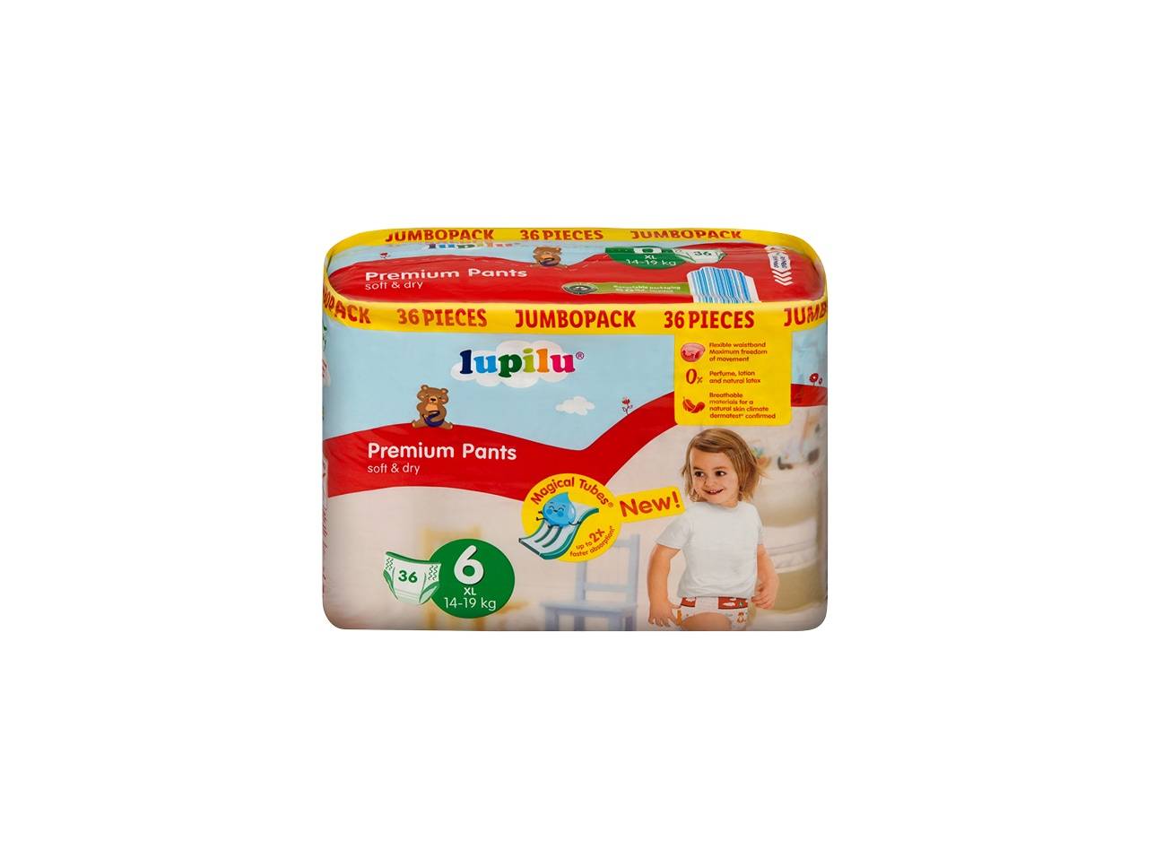 Jumbo balení dětských plenkových kalhotek s 36 kusy, velikost 6 (XL) pro 14-19 kg.