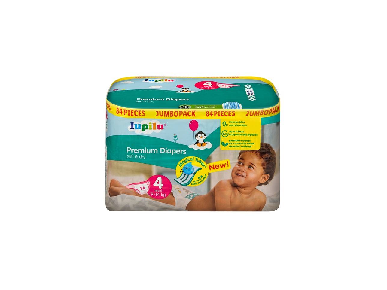 Balení 84 kusů prémiových plenek pro děti o hmotnosti 9-14 kg, velikost 4, s 12hodinovou ochranou.