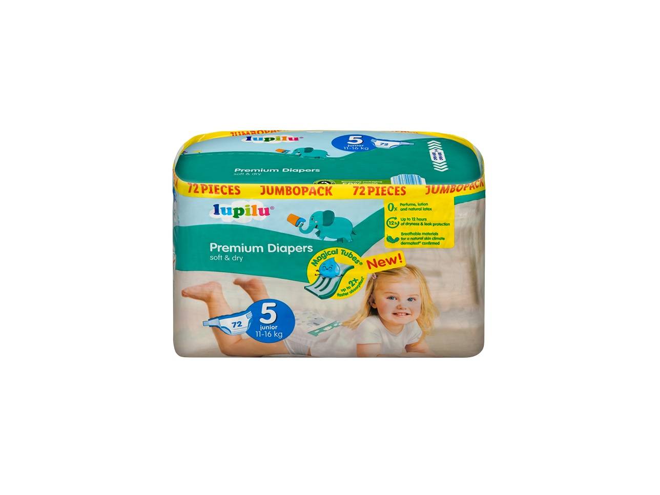 Balení prémiových plenek pro děti o hmotnosti 11-16 kg, 72 kusů, s 12hodinovou ochranou proti protečení.