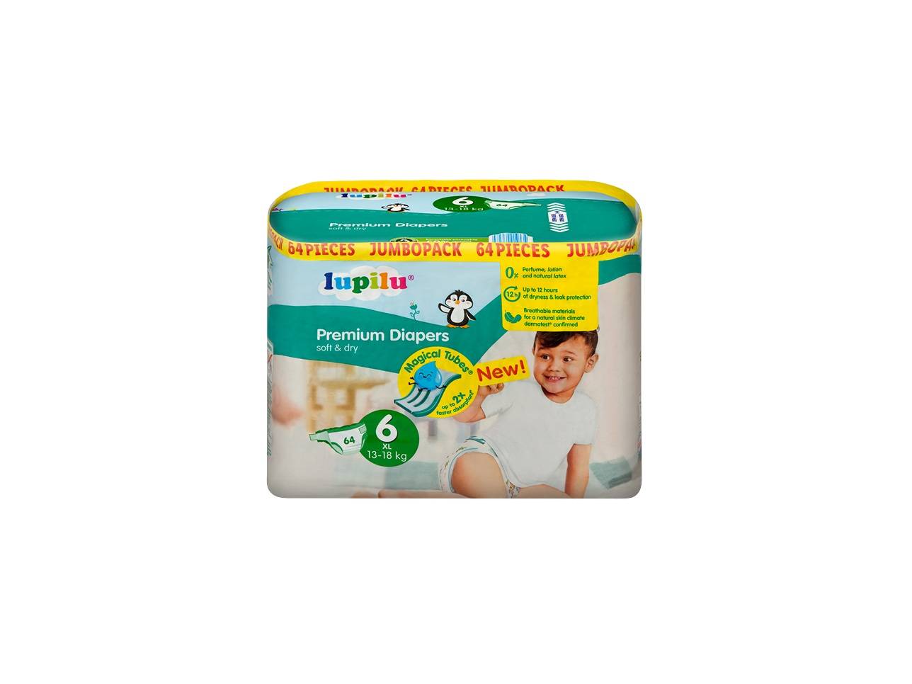 Balení prémiových plen pro děti, velikost 6 (XL), 13-18 kg, 64 kusů, s nápisem „Magical Tubes New!“