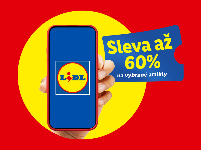 Lidl Plus kampaň: Ruka držící chytrý telefon s logem Lidl na displeji, vedle modrý kupón s textem 'Sleva až 60 % na vybrané artikly' na žlutém a červeném pozadí.