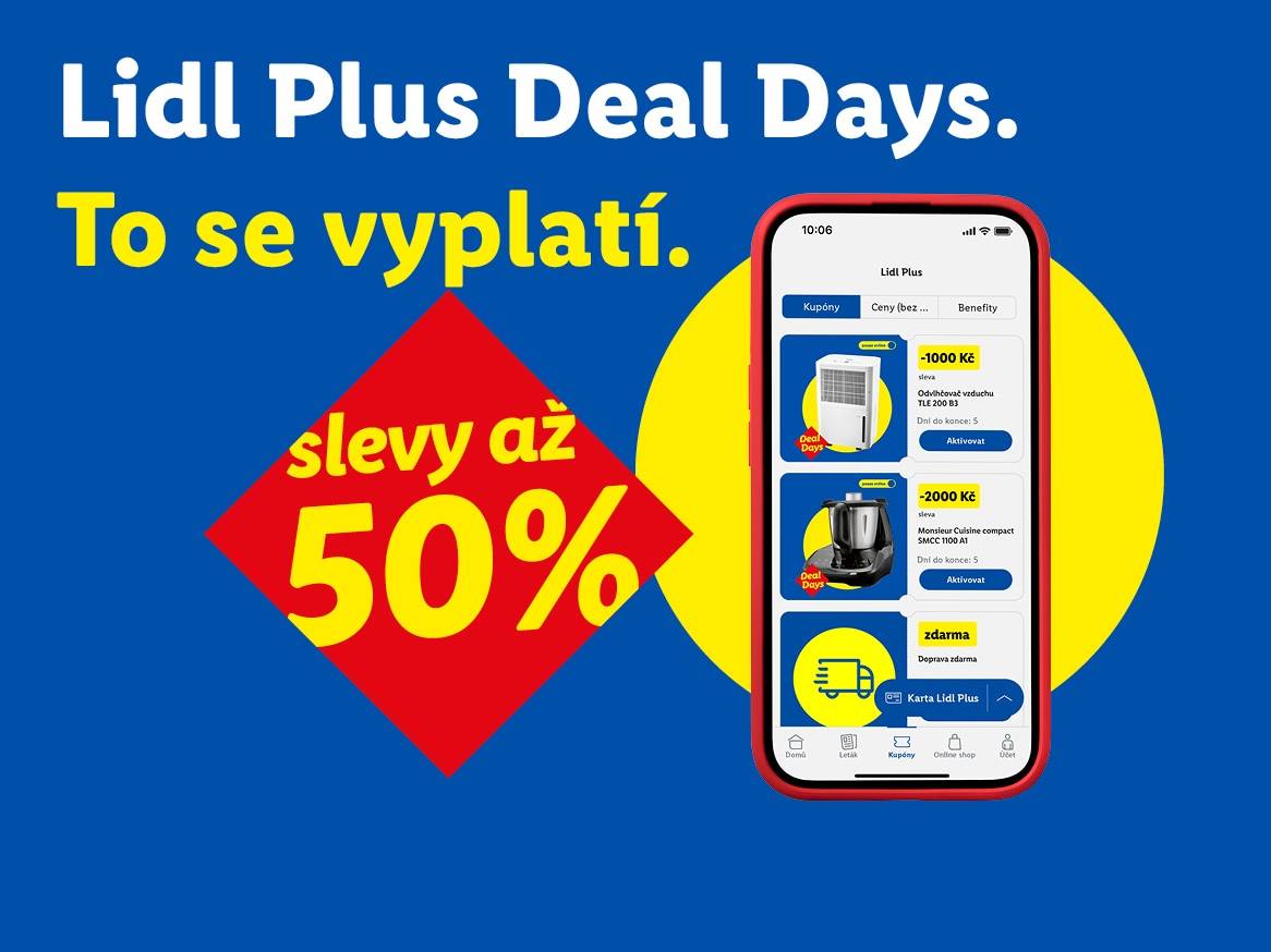 Lidl Plus Deal Days s až 50% slevami, včetně odvlhčovače vzduchu a kuchyňského robota, zobrazené v mobilní aplikaci.