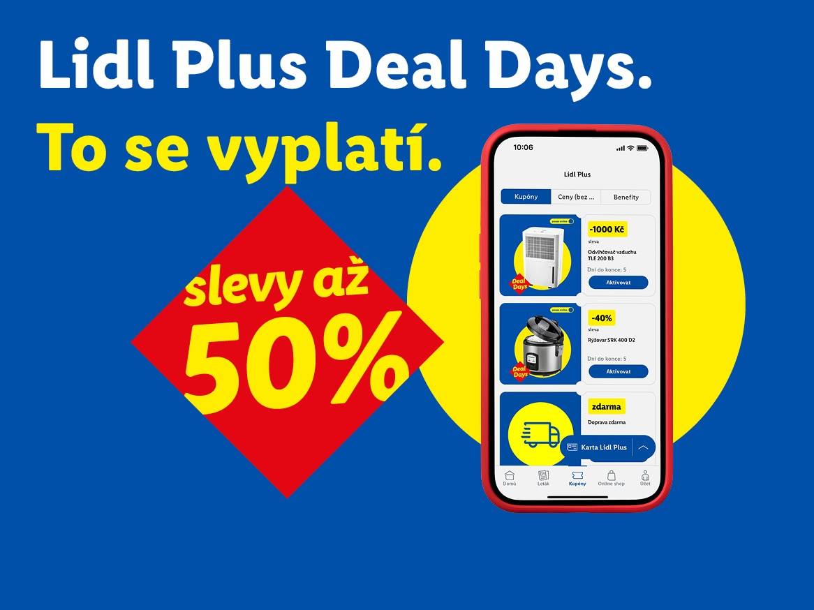 Propagační obrázek s mobilní aplikací nabízející slevy až 50 % na odvlhčovač vzduchu a rýžovar.