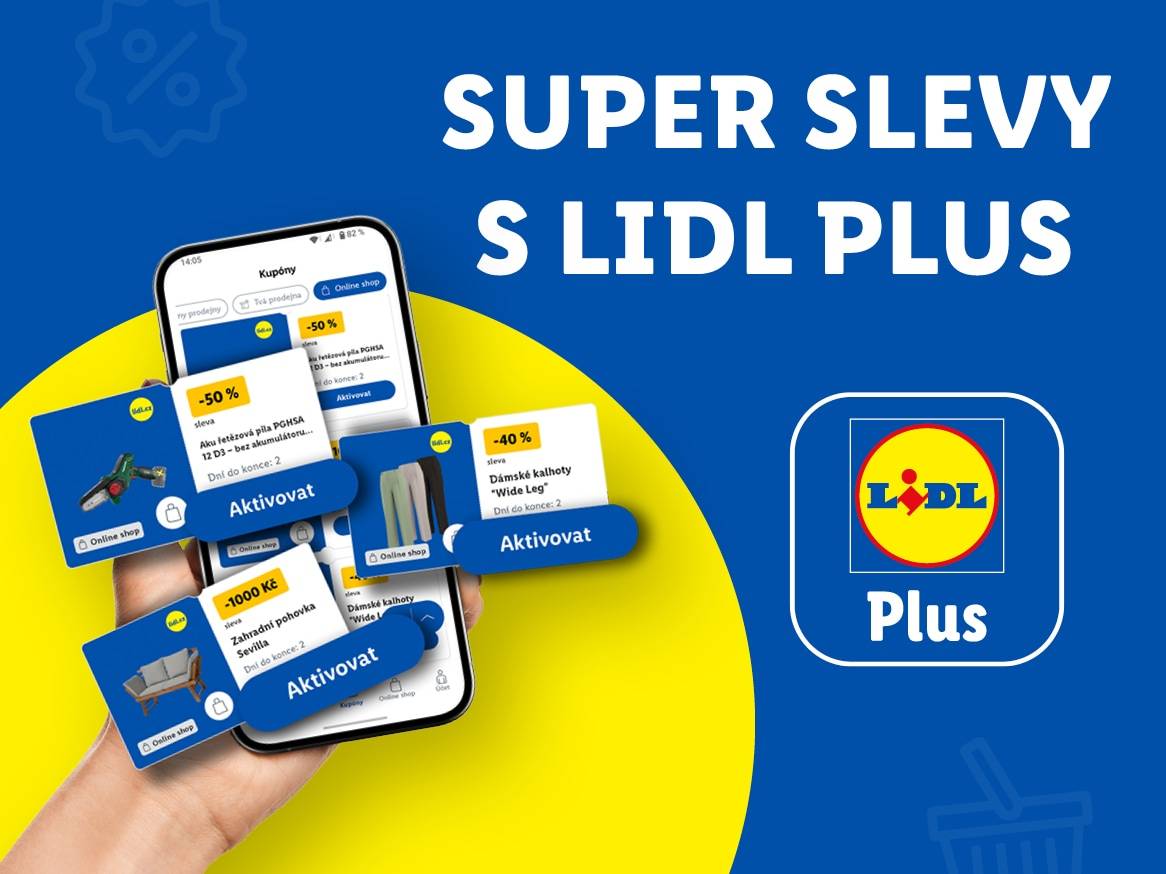 Mobilní aplikace s kupóny na zahradní nábytek, řetězovou pilu a dámské kalhoty, s nápisem „SUPER SLEVY S LIDL PLUS“.