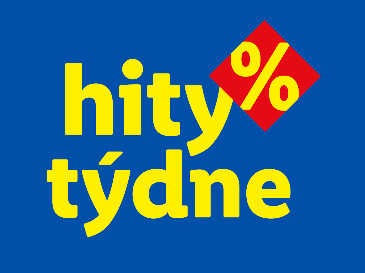 Žlutý text „hity týdne“ na modrém pozadí s červeným kosočtvercem se symbolem procenta.