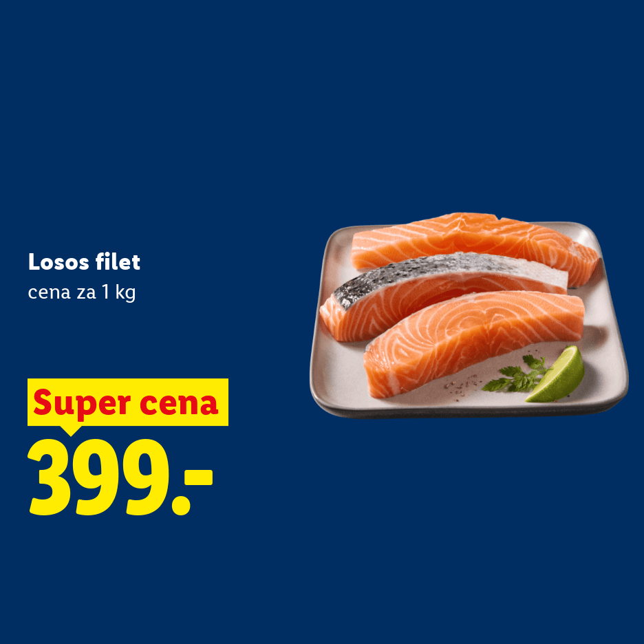 Čerstvý filet z lososa za akční cenu 399 Kč za kilogram.