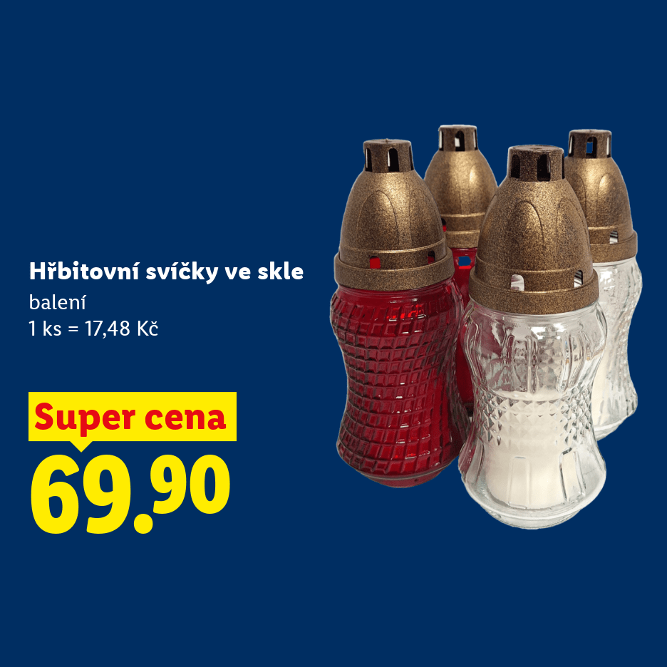 Hřbitovní svíčky ve skle v balení za akční cenu 69,90 Kč.