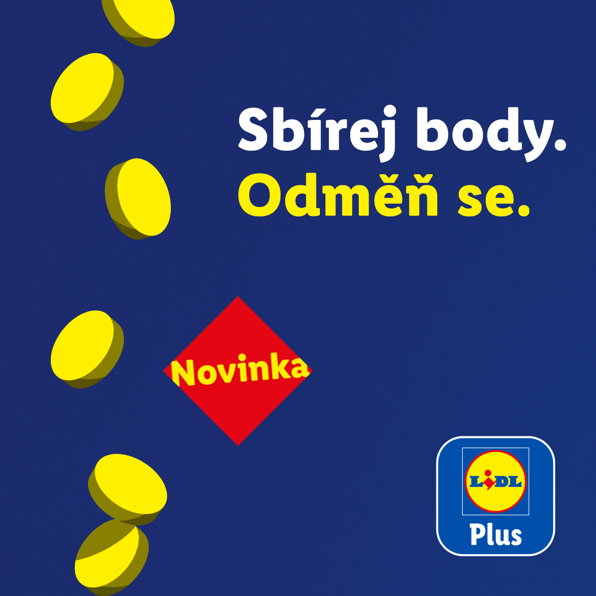 Modré pozadí se žlutými ovály, červeným štítkem „Novinka“ a textem „Sbírej body. Odměň se.“