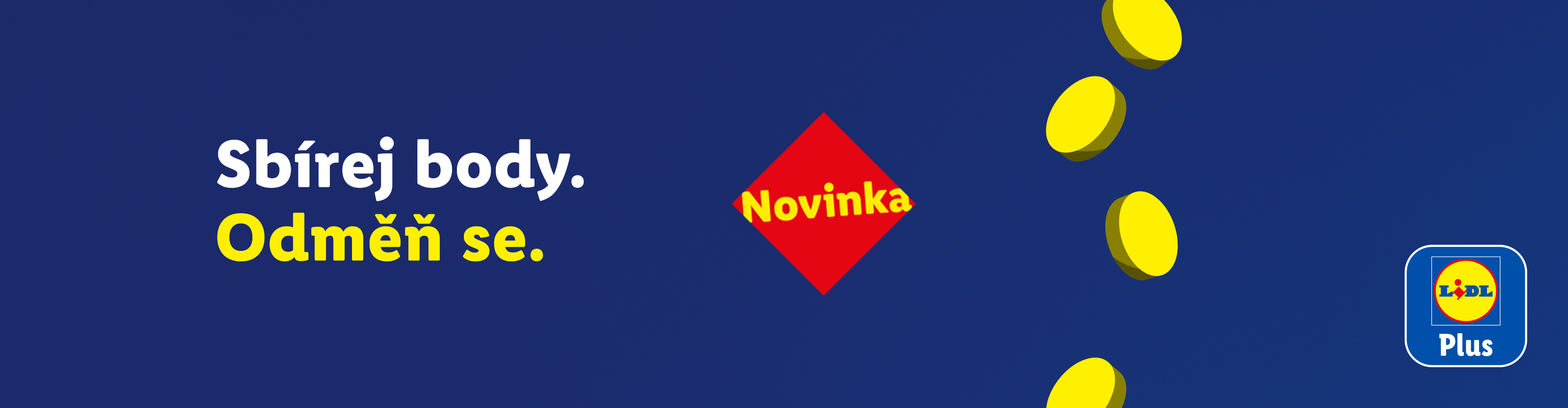 Modré pozadí se žlutými ovály, červeným štítkem „Novinka“ a textem „Sbírej body. Odměň se.“