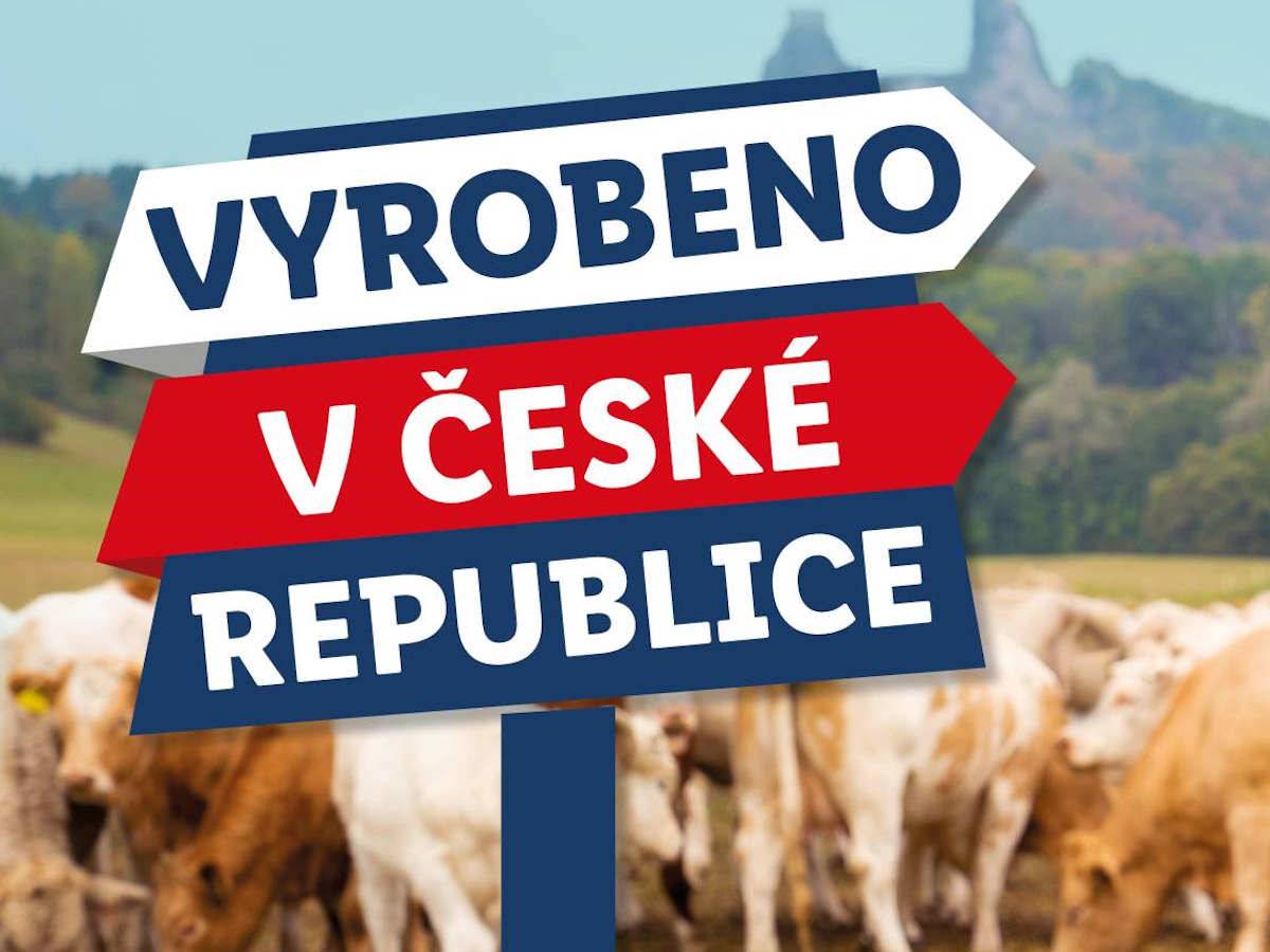 Značka s nápisem 'Vyrobeno v České republice' před stádem krav.