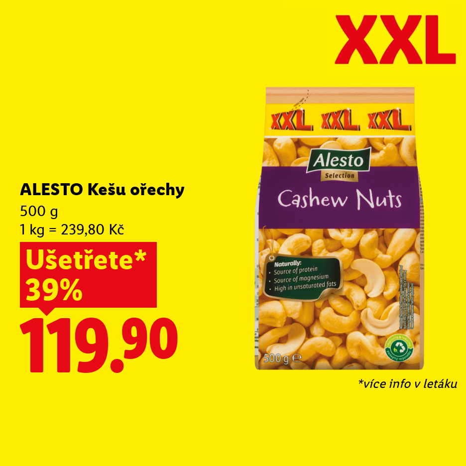 Alesto Kešu ořechy 500 g za 119,90 Kč se slevou 39 % a ušetřením. XXL balení.